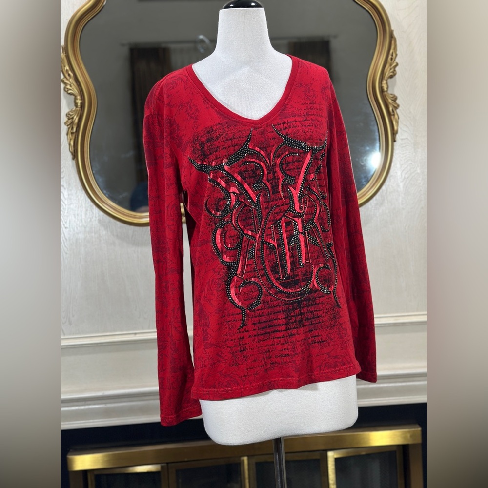 Rock & Roll Cowgirl Red Long Sleeve Graphic Rhinestone Tee XL Panhandle Slim